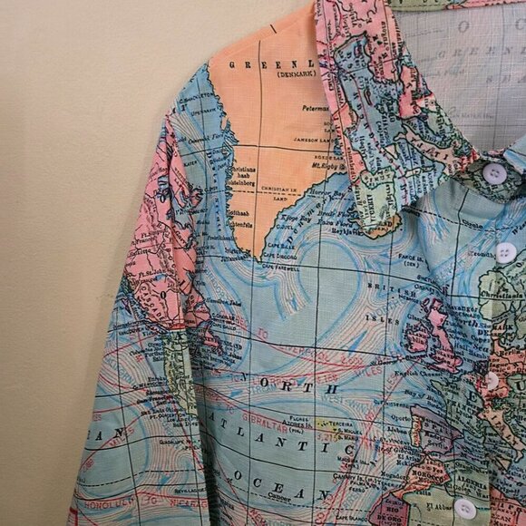 MissLook Novelty World Map Print Linen Button Down Shirt Size 3X - Picture 5 of 7